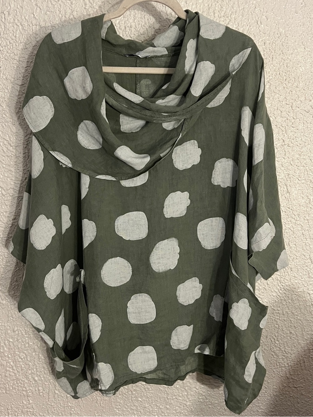Lagenlook Made in Italy 100% Linen Polka Dot Cowl Neck Tunic Top OS